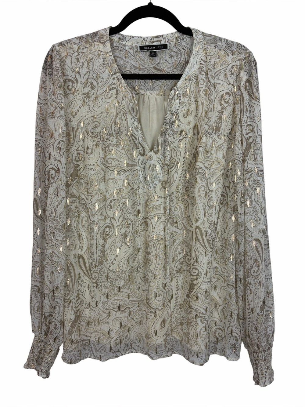 Melanie Lyne Paisley Metallic Blouse XL Ivory Gold Shimmer Boho Top